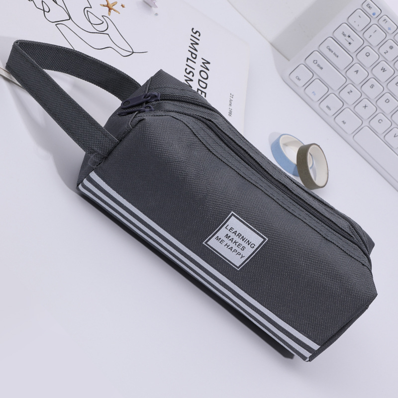 Minimalist Creative Double-Layer Solid Color Canvas Pen Bag Multifunctional Large Capacity Student Portable Stationery Storage Bag Pencil Box