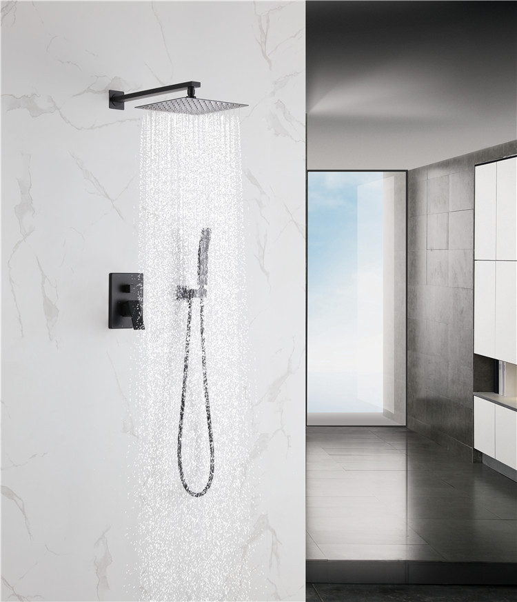 黑色暗装淋浴花洒套装铜入墙式淋浴混水龙头雨淋花洒套装酒店工程