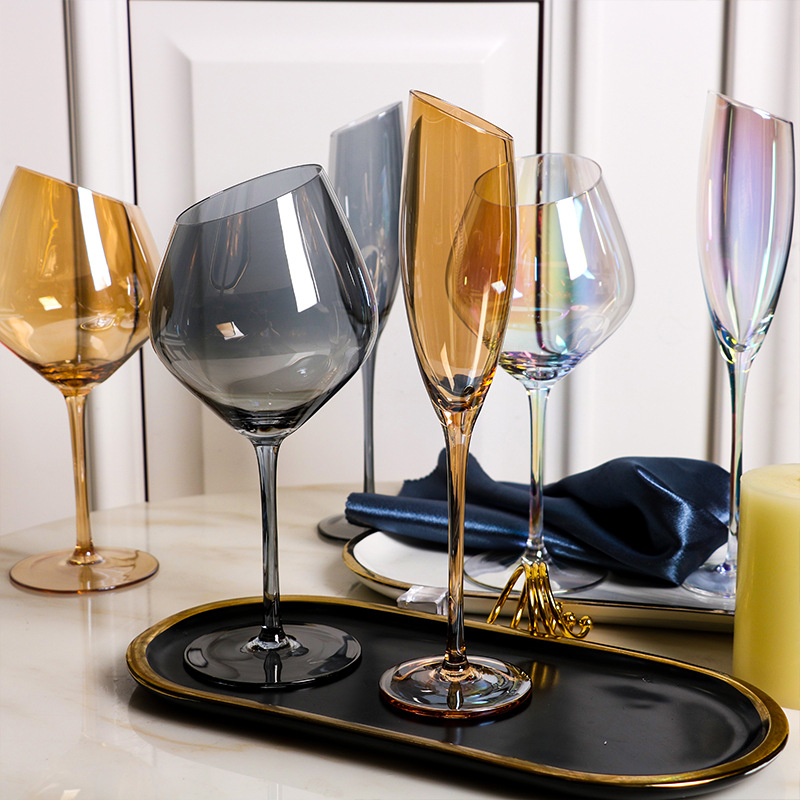 Oblique Cut Wine Set Series Household Colorful Smoky Gray Amber Red Wine Glass Goblet Champagne Glasses Restaurant Ideas Glass Wine Glass