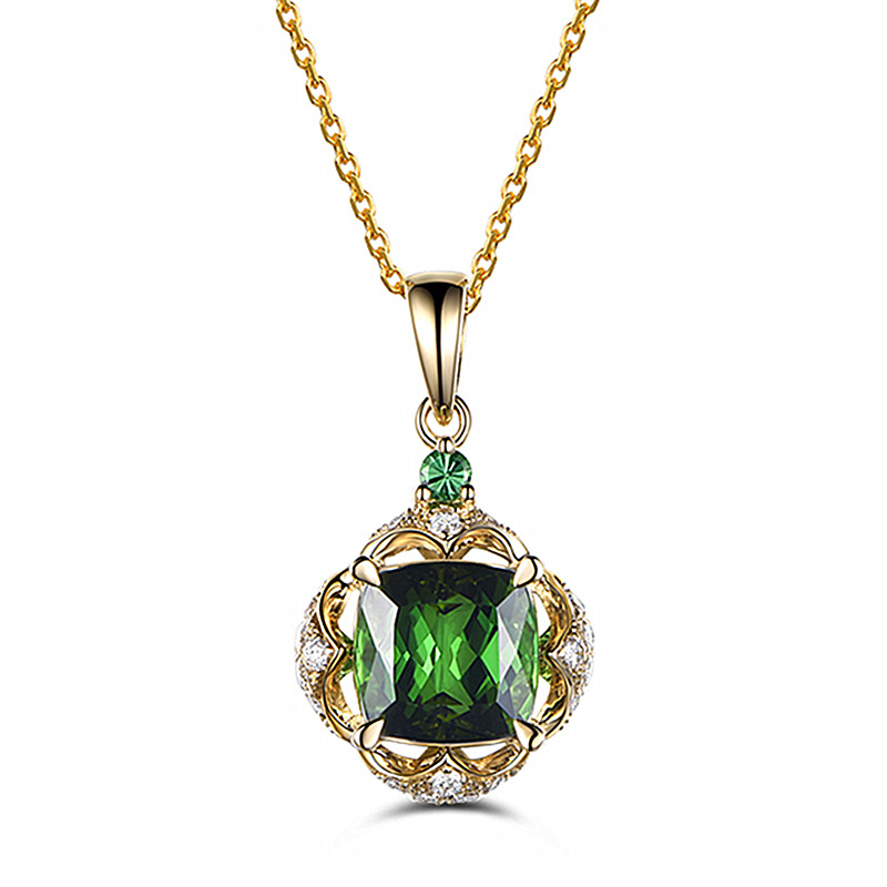 四爪镀金正方形祖母绿吊坠高档欧美镶嵌绿锆石绿碧玺彩宝吊坠项链