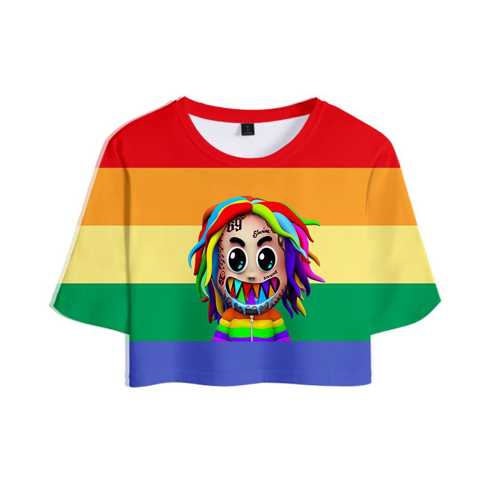 一件代发 说唱歌手6ix9ine周边数码印花3d露脐套装都市休闲女款