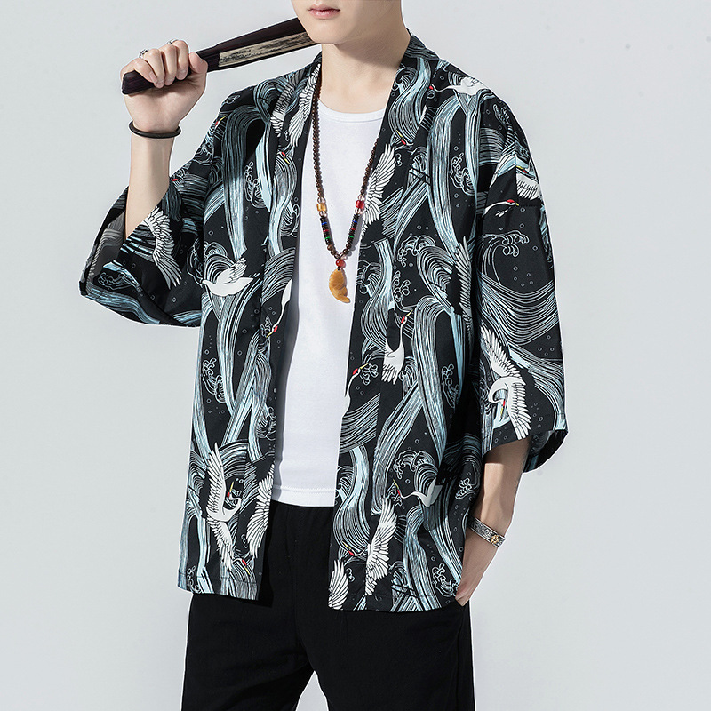 中国风外套装男装汉服日系日式和风仙鹤刺绣道袍和服亚麻浮世绘潮