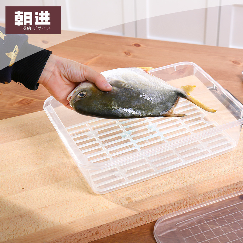 大号小号鱼盒厨房沥水保鲜盒塑料海鲜蔬菜长方形冰箱冷藏储藏盒