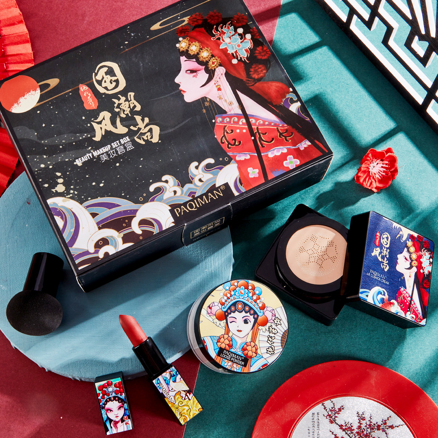 中国风彩妆套装礼盒四件套蘑菇头气垫定妆粉口红化妆品套装初学者