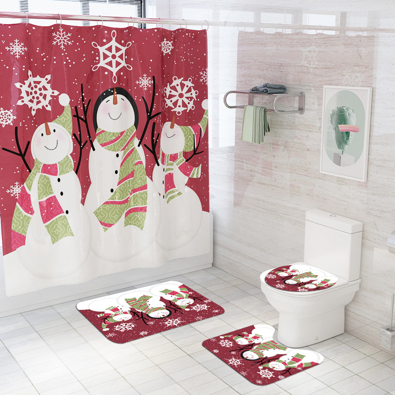 New Christmas Snowman Christmas Waterproof Shower Curtain Carpet Mat Four-Piece Set Toilet Mat Set One Piece Dropshipping