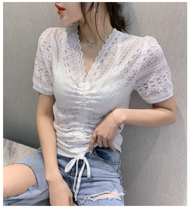 v领镂空蕾丝打底衫2020夏季新款抽绳锁骨上衣心机设计感短袖t恤女