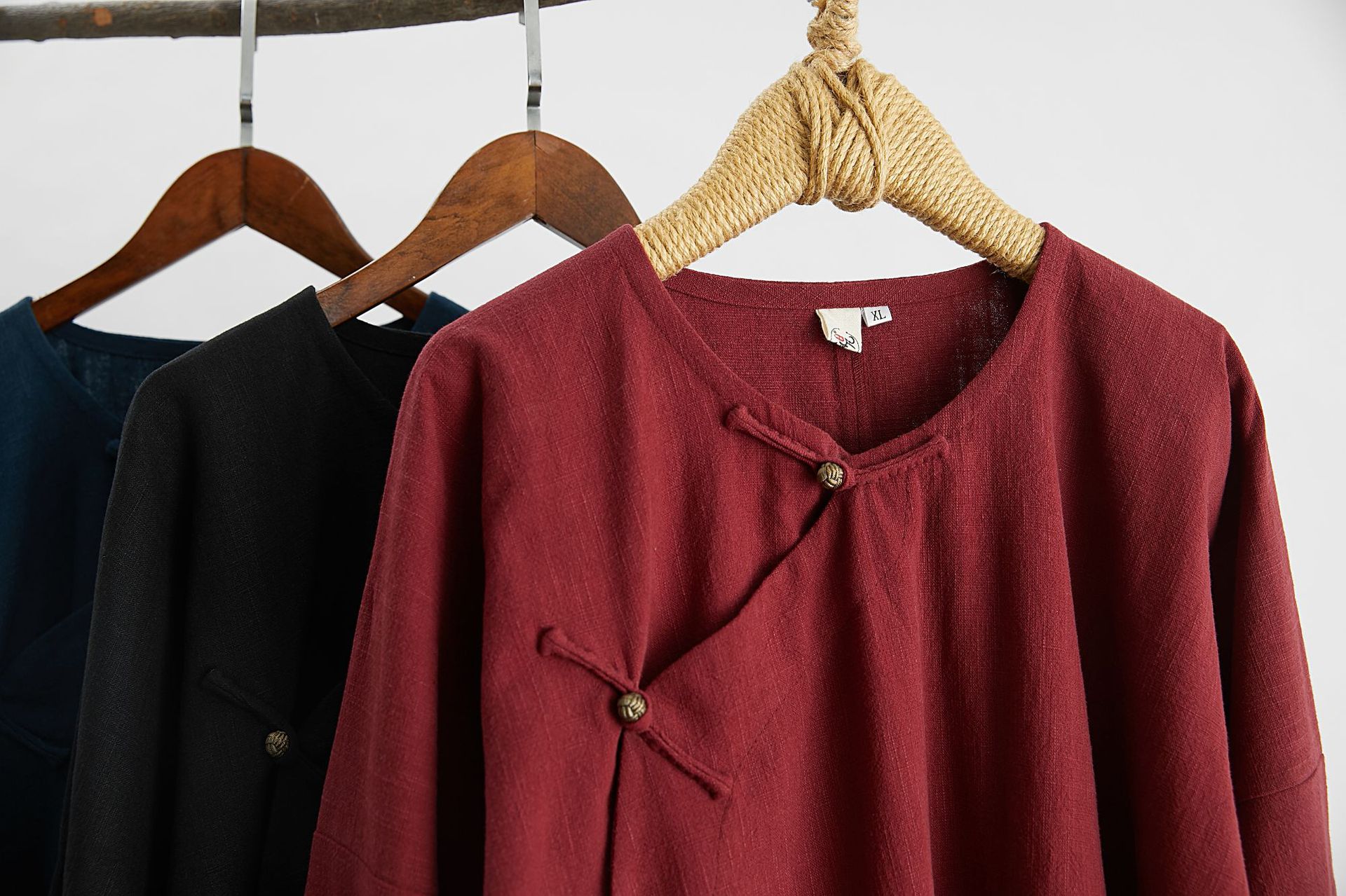 20秋季新品男装圆领斜襟衫中国风中长款汉服长袖纯色苎麻盘扣汉服