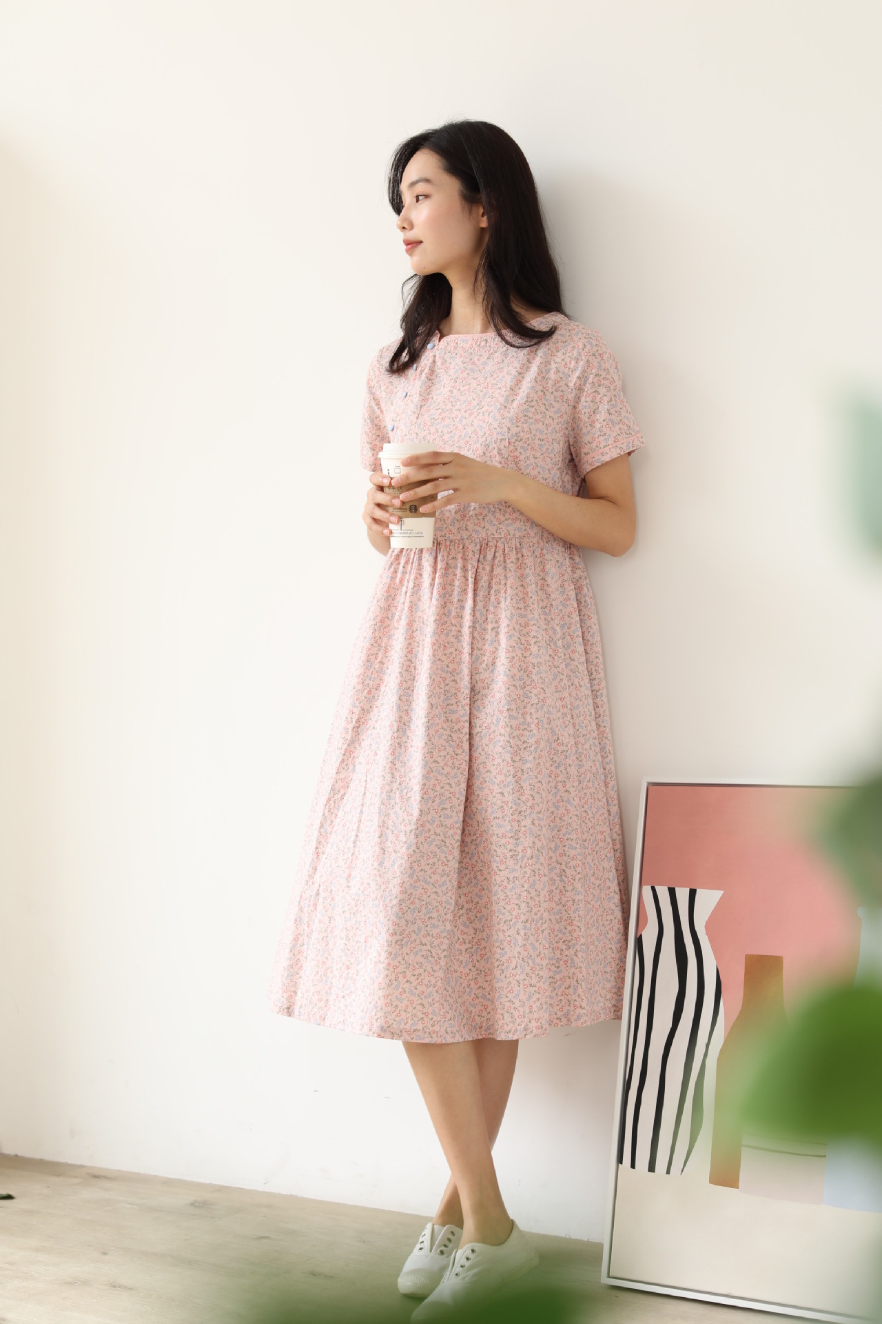 瓷语2020夏季新款苎麻碎花连衣裙斜门襟布包扣设计 复古清新棉麻