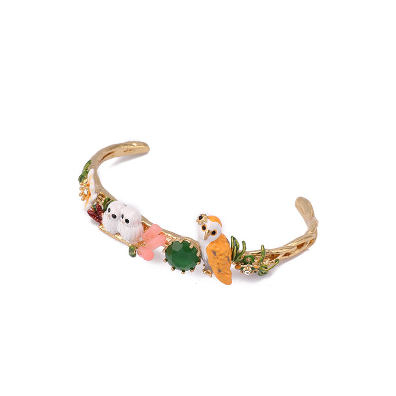 法式新款手绘珐琅釉猫头鹰动物手镯女 绿钻镀金开口手镯手环批发