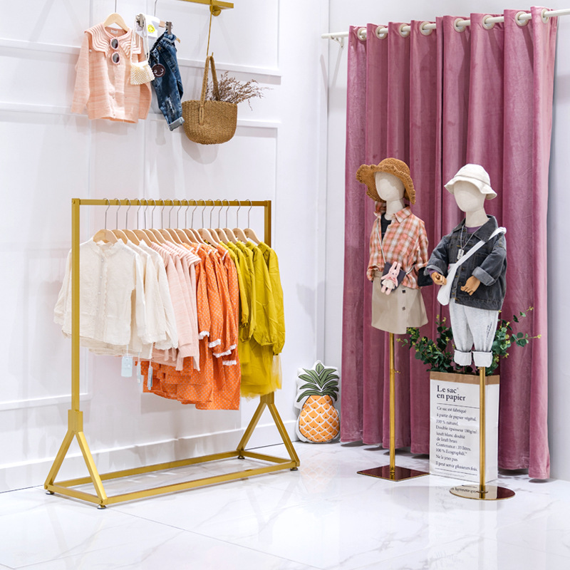 直播货架童装店服装展示架儿童模特背景货架金色铁艺鞋包架展示架