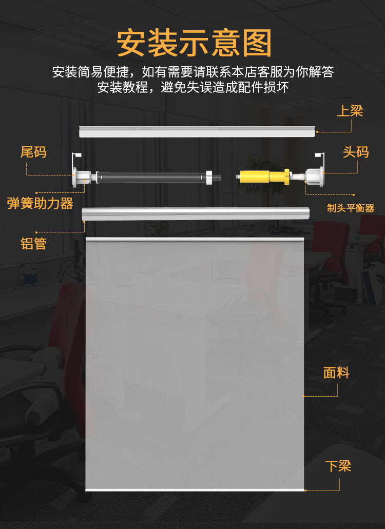 卷帘配件窗帘配件办公室遮阳卷帘弹簧卷帘半自动升降卷帘制头上梁
