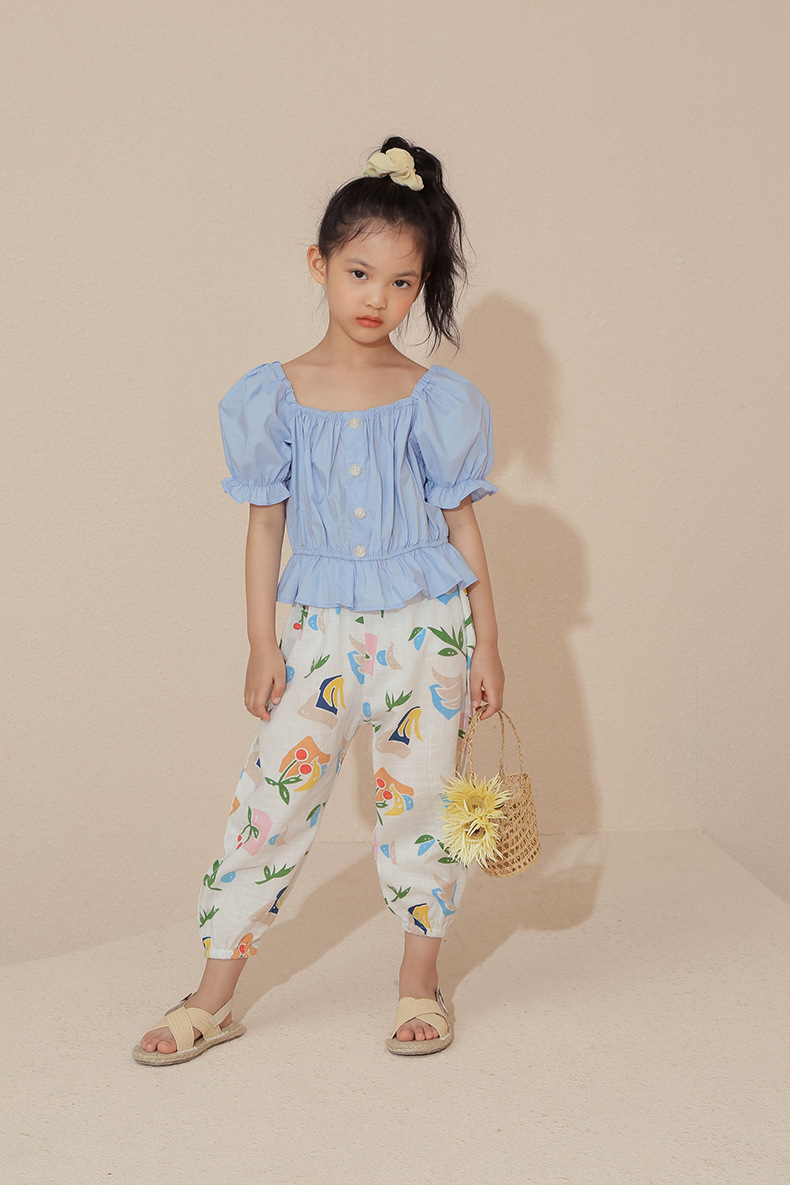 小懒猫童装夏季新品儿童甜美纯色泡泡袖上衣女童纯棉荷叶边衬衣