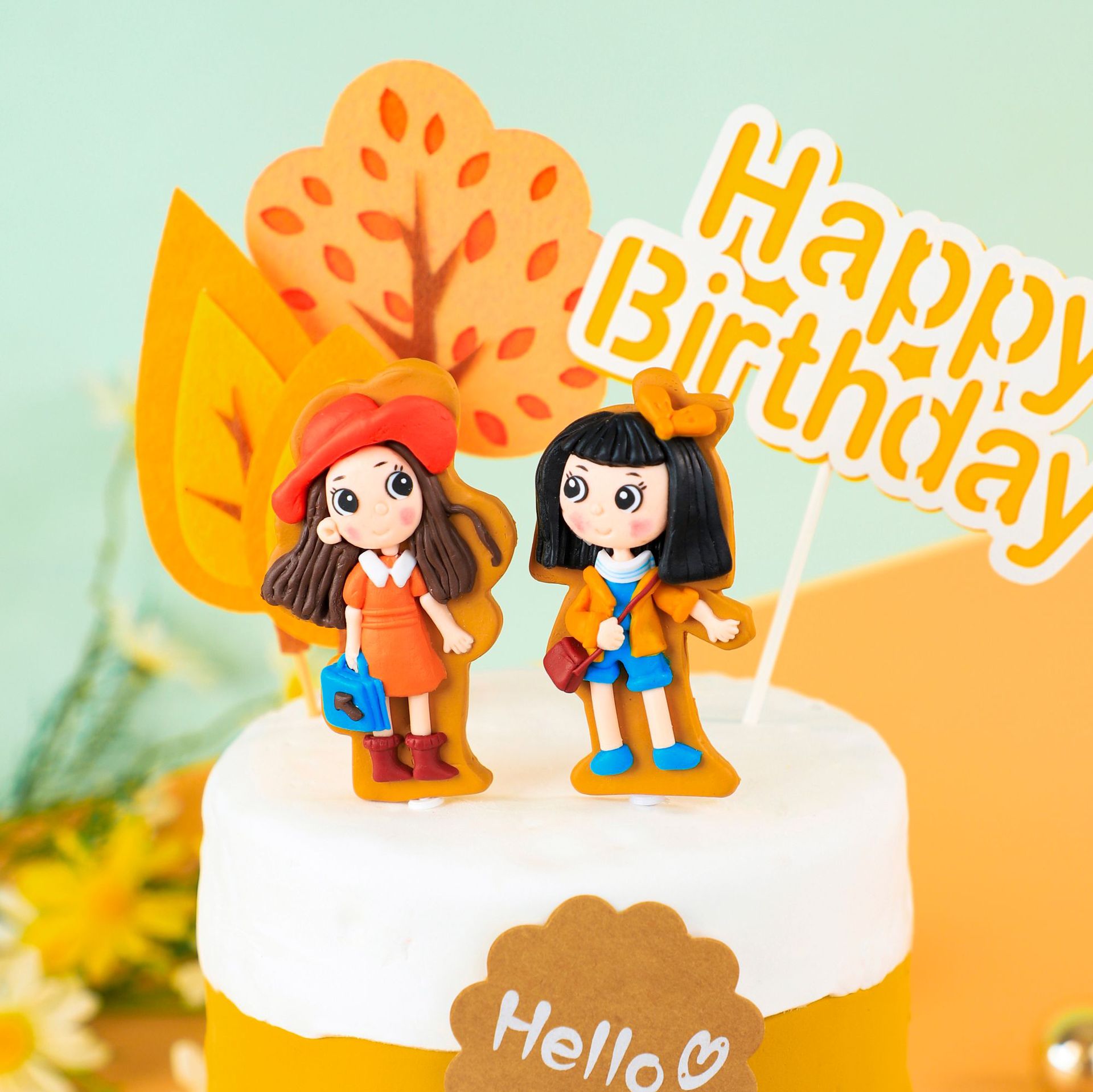 秋天女孩生日蛋糕装饰旅行装扮郊游装扮软陶玩偶插件摆件