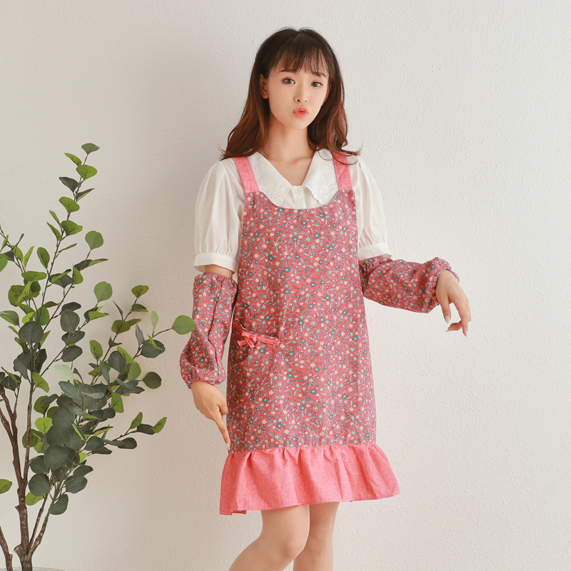 韩式碎花围裙女时尚家用厨房半防水防油可爱花边涤棉布做饭围裙