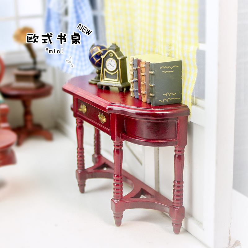 娃娃屋微缩模型木家具1:12欧式书桌摆件家私ob11娃娃复古书台m123