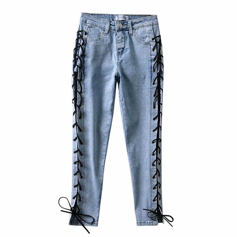 2020夏季高腰侧边穿绳蝴蝶结系带饰女式牛仔裤长裤批发
