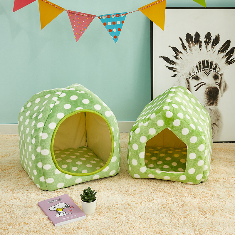 四季通用卡通动物窝半封闭宠物窝绿色圆点猫房子