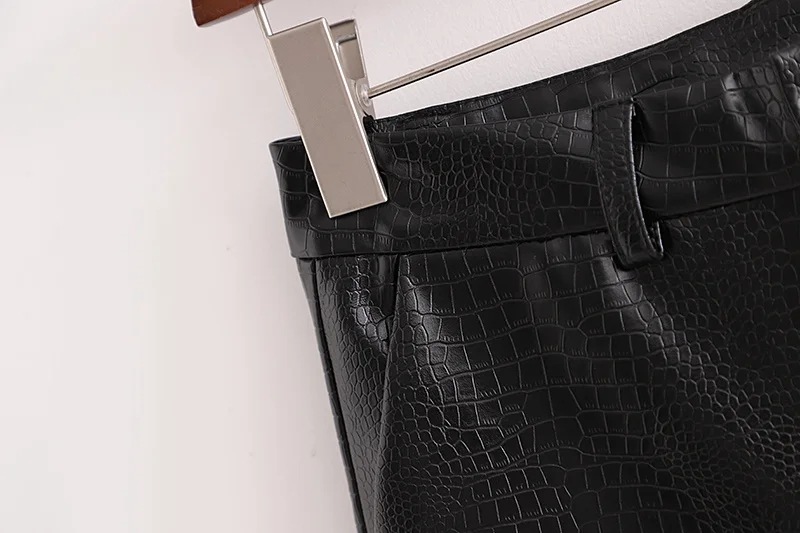 鳄鱼皮纹路皮裤bf风中裤直筒型潮人pu阔腿裤黑色欧美高腰五分裤子