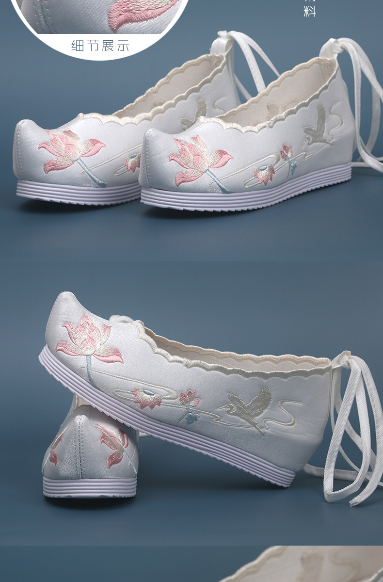 秋冬季新款莲鹭汉服鞋花边绣花鞋女翘头古风鞋内增高古装翘头弓鞋