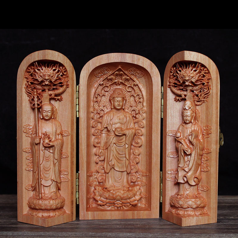 三开盒手持佛盒婆娑三圣木雕工艺品地藏王观音如来佛像人物红木雕