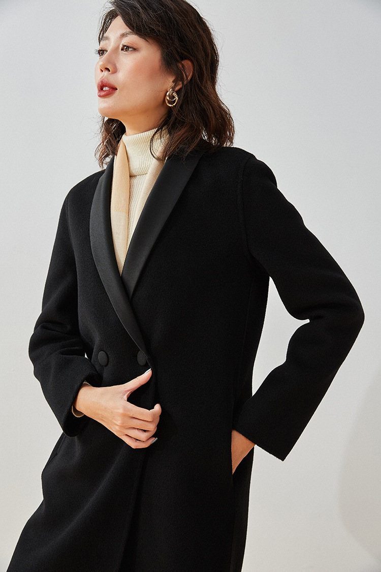 20秋冬新款jing典醋酸青果领休闲长款羊绒羊毛大衣外套女13032