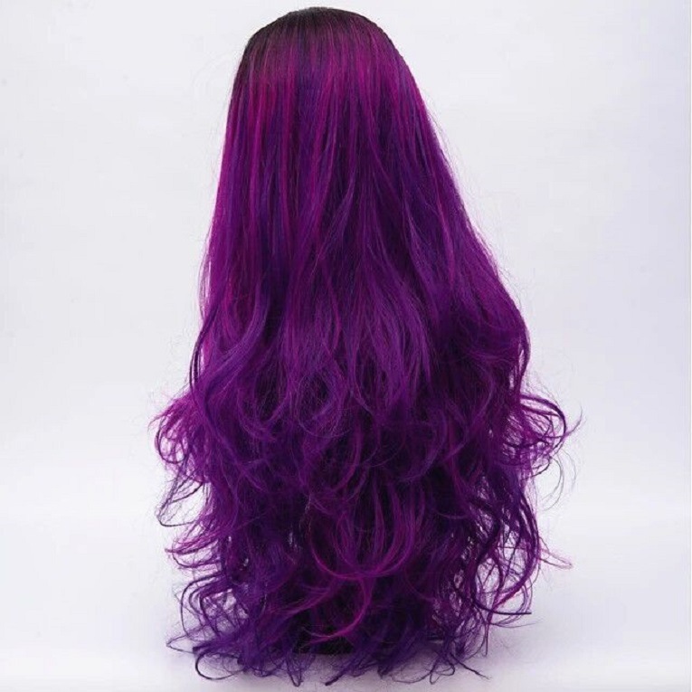 欧美彩色假发女中分长卷发紫红黑渐变挑染时尚高温丝头套现货批发