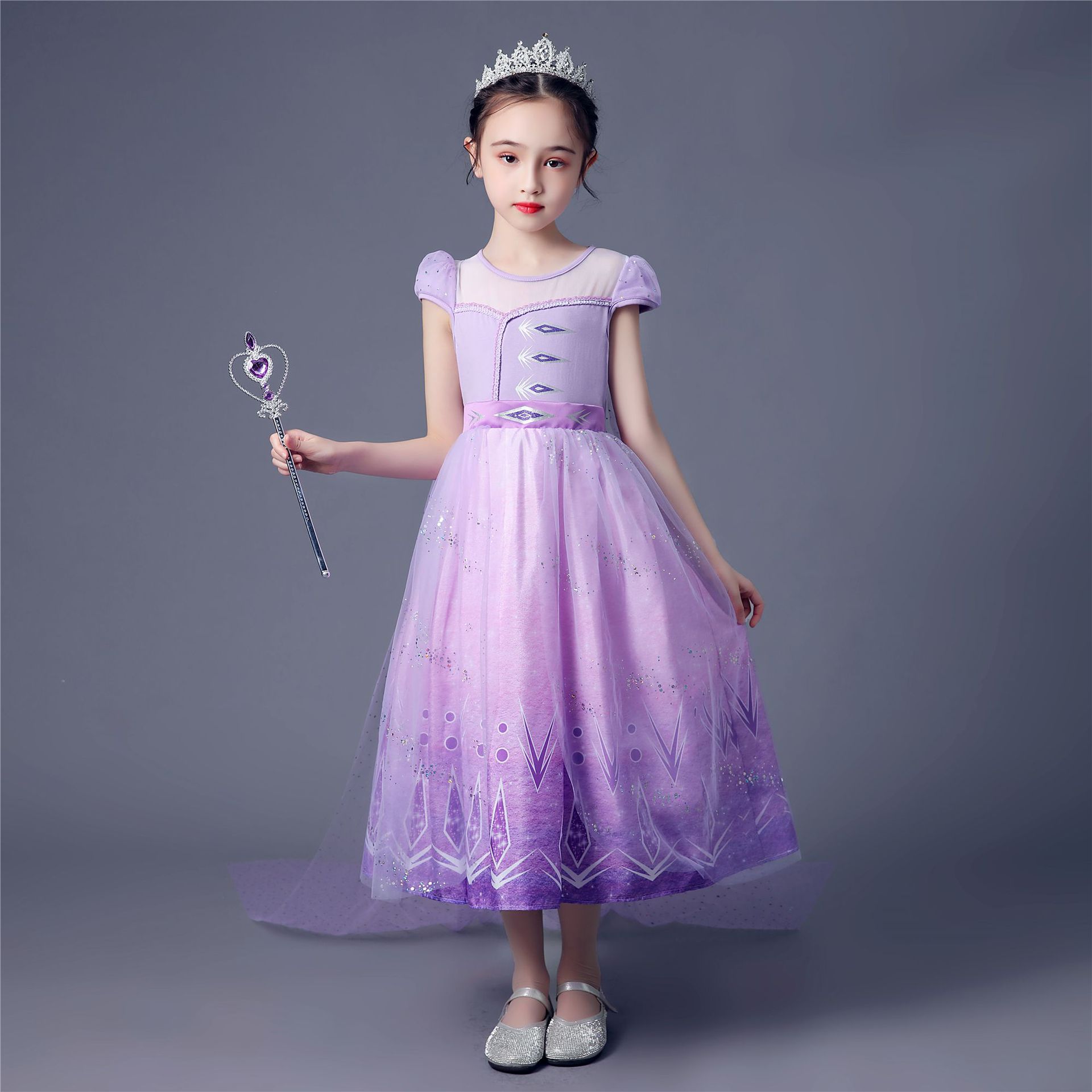 冰雪2爱莎公主裙紫色短袖艾莎连衣裙儿童服装女孩六一演出裙