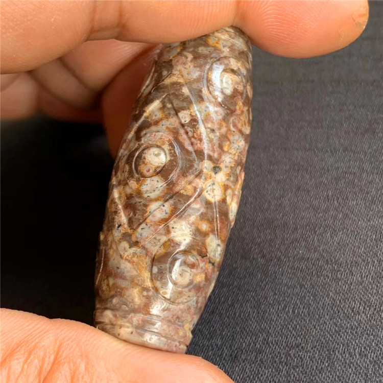 藏传佛教海螺化石天珠吊坠九眼至纯藏式配饰紫粉底项链挂件真品