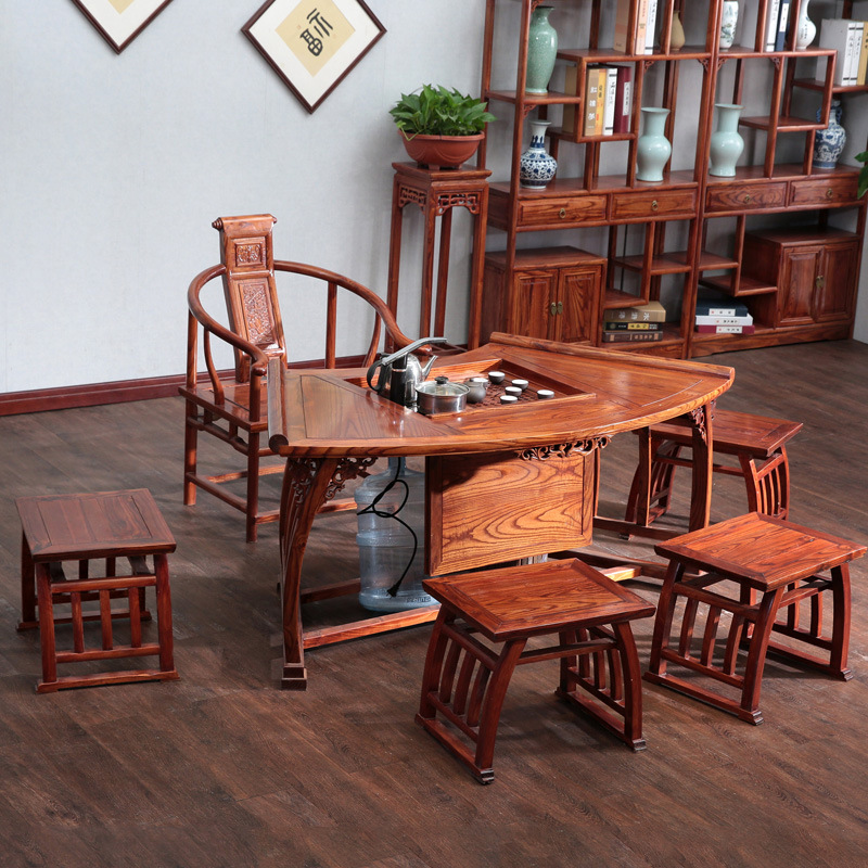 扇形茶桌实木榆木茶台泡茶桌仿古明式茶桌新中式小茶桌椅组合用