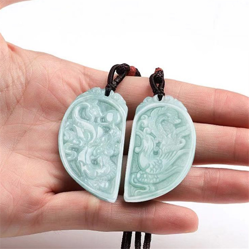 天然缅甸a货翡翠玉龙凤牌一对吊坠情侣挂件男女饰品玉石挂件批发