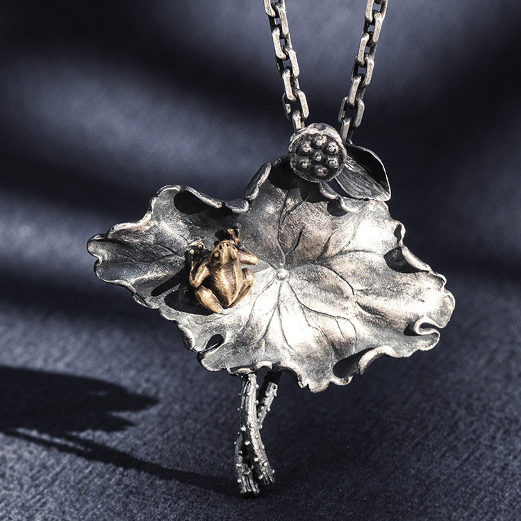 s999银荷叶吊坠女款中国风写意荷塘月色项链古典复古民族风