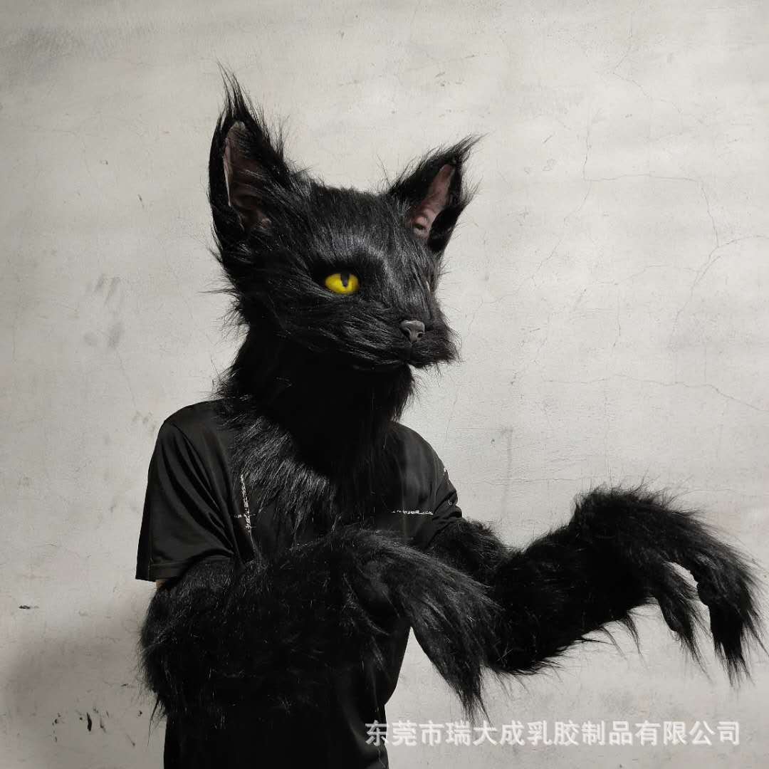 独立站新款黑猫野猫带毛发动物面具头套万圣节乳胶可爱道具