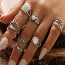 欧美复古时尚民族风彩色大宝石不规则几何形合金9件戒指组合套装