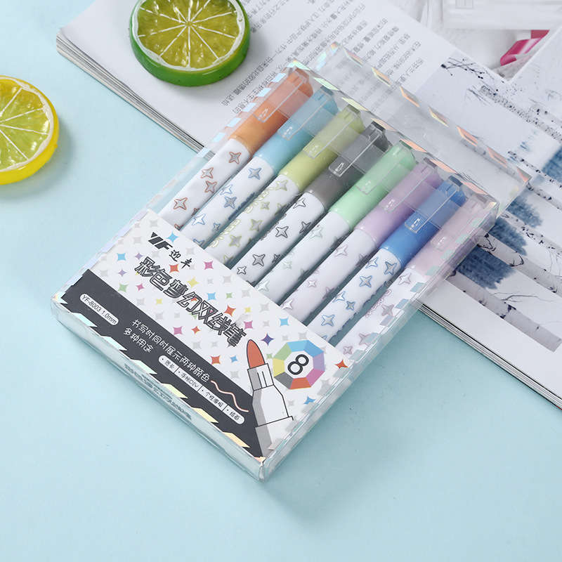 彩色梦幻双线笔闪光笔创意可爱学生diy手帐笔荧光标记笔涂鸦批发