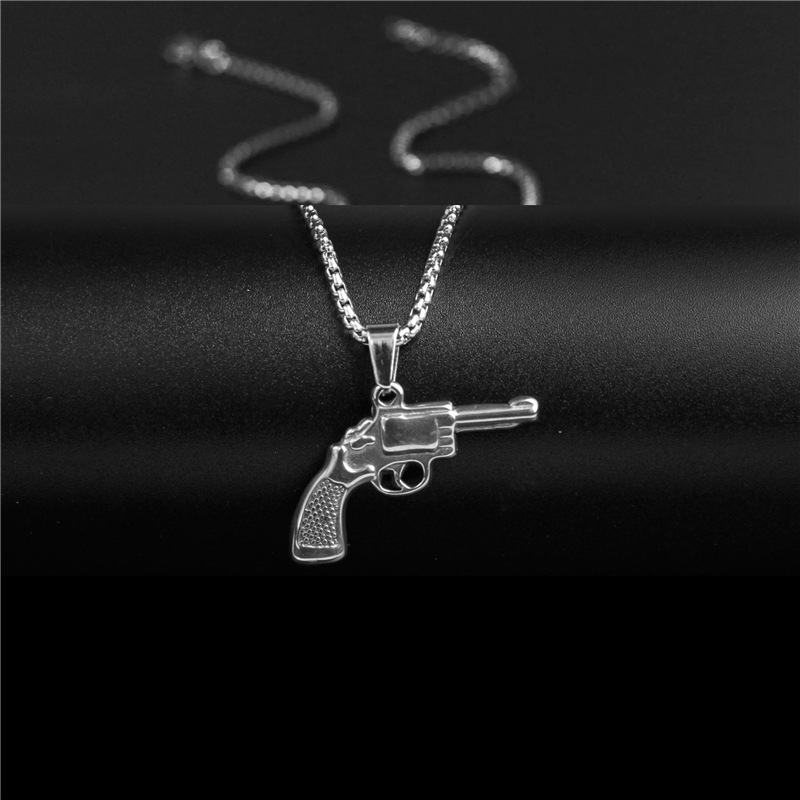 European and American Style Stainless Steel Pistol Fiveshooter Pendant Hip Hop Titanium Steel Men's and Women's Necklaces Pearl Chain Sweater Chain Wholesale