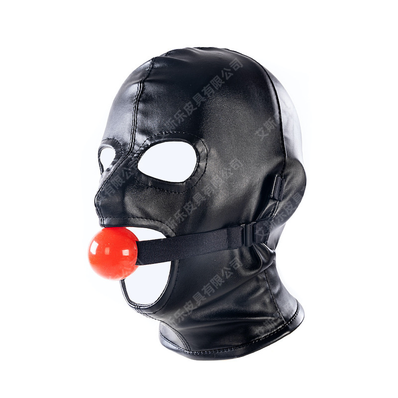 艾斯乐情趣黑色可拆卸眼罩口球系带全包头套面具皮革面罩束缚品
