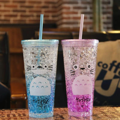 可爱卡通龙猫图案夏日清凉冰杯学生清凉吸管杯水杯礼品杯可定制