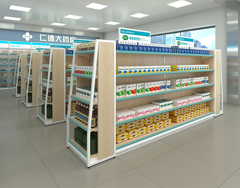 药店货架药房展示架药店玻璃前柜双面货架中岛展示货架北京同仁堂