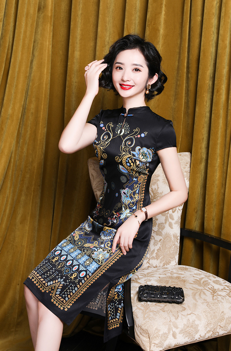 桑蚕丝真丝旗袍改良连衣裙2020新款夏季高端妈妈气质修身显瘦复古