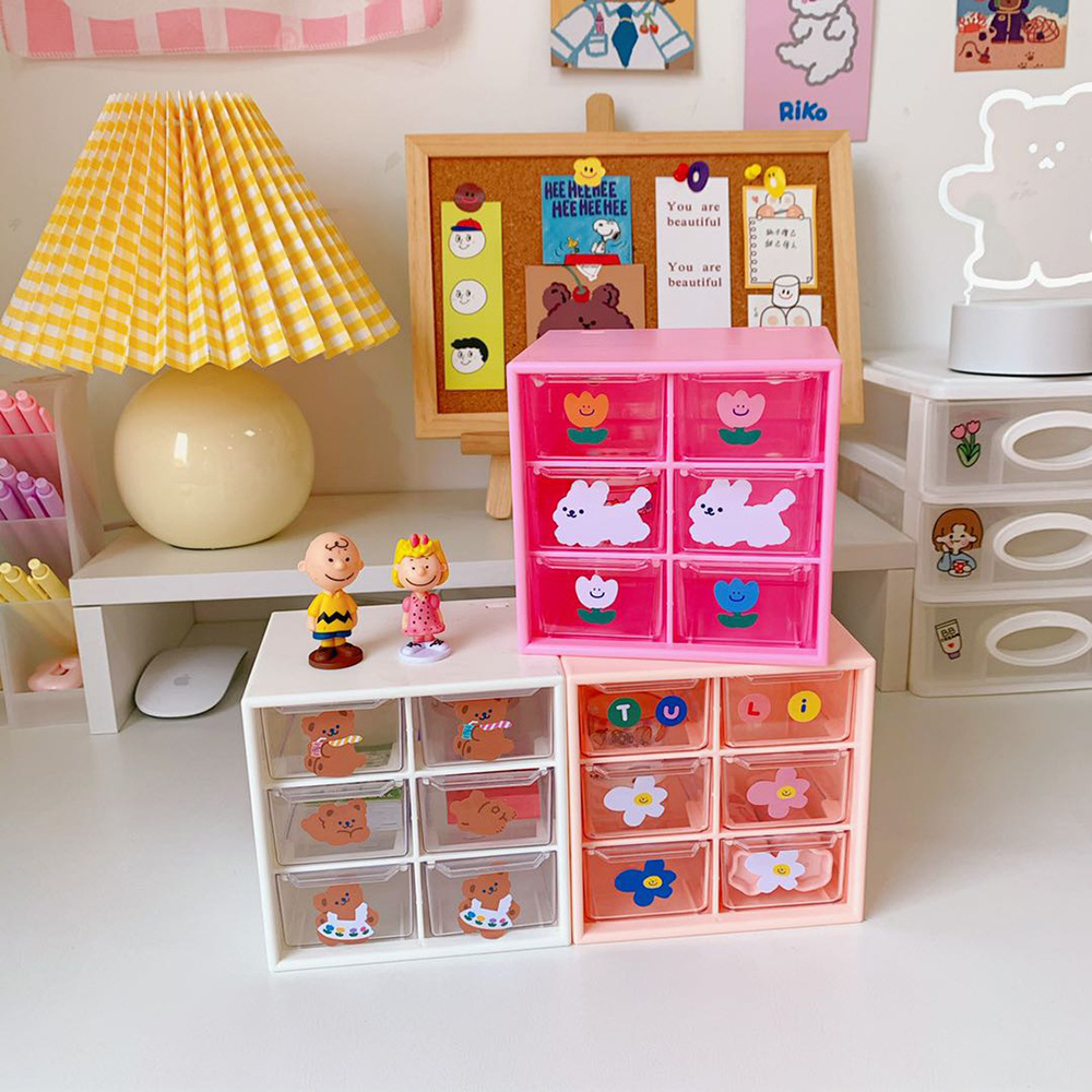 Japanese and Korean Ins Six Palace Grid Red Draw Box Girl Heart Student Multi-Functional Desktop Sundries Storage Finishing Box