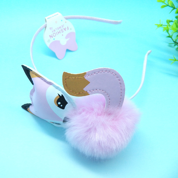 新款粉色毛绒球发夹卡通动物造型PU皮狐狸毛球发箍厂家定做头箍