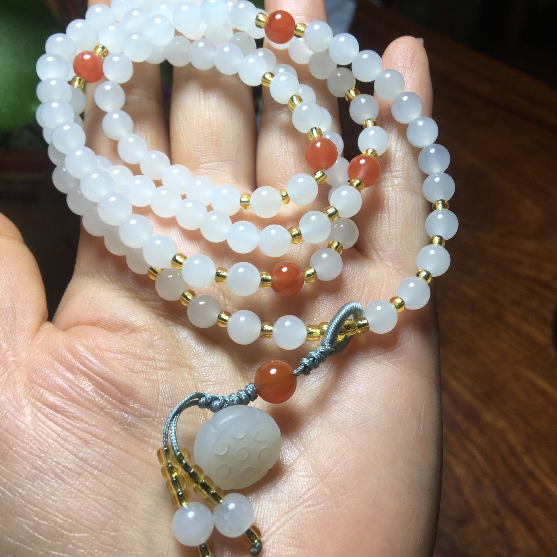 和田玉羊脂玉108颗佛珠圆珠挂链项链 白玉珠链挂饰多圈手串手链