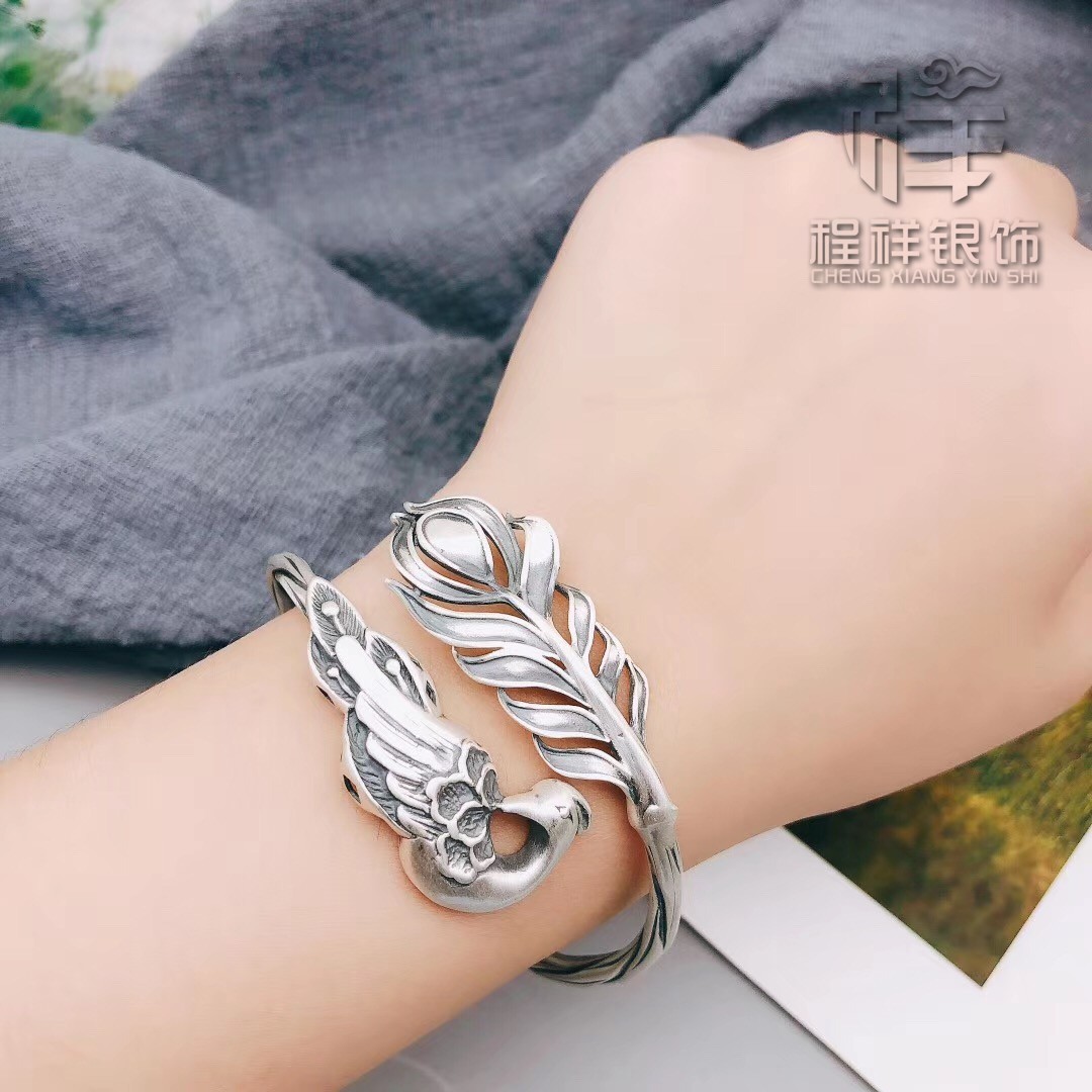 纯银孔雀银手镯女手工999足银凤凰镂空银镯子民族风饰品古风礼物