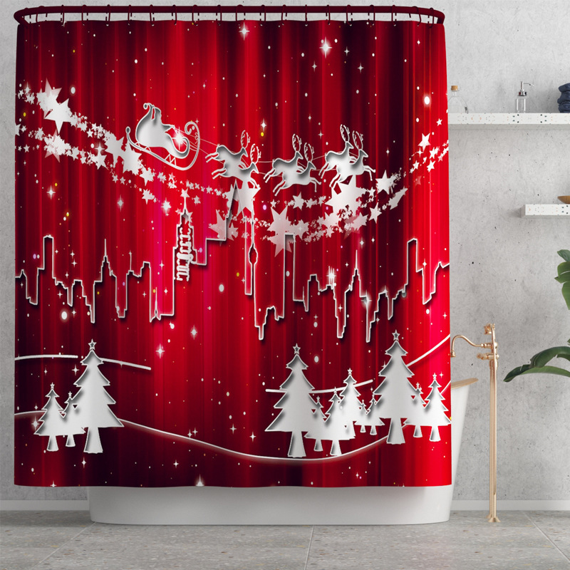 HOTSALE Christmas Series Blue Bottom Christmas Team Waterproof Mildew-Proof Shower Curtain Bath Curtain Mat Suit
