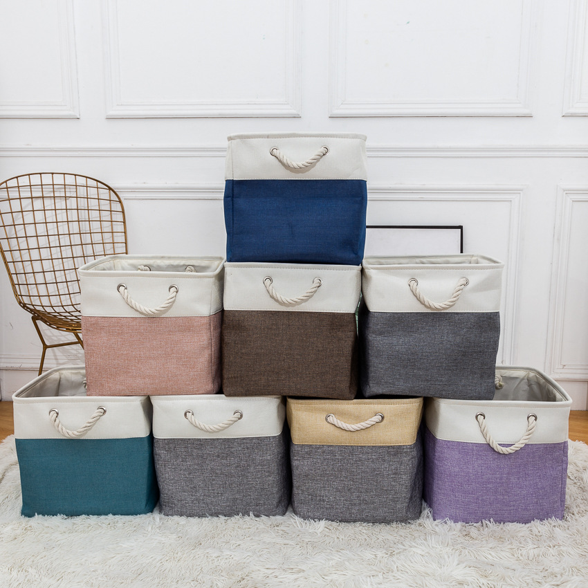 Linen Stitching Foldable Storage Box with Cotton String Handle Toy Storage Basket Daily Necessities Storage Basket