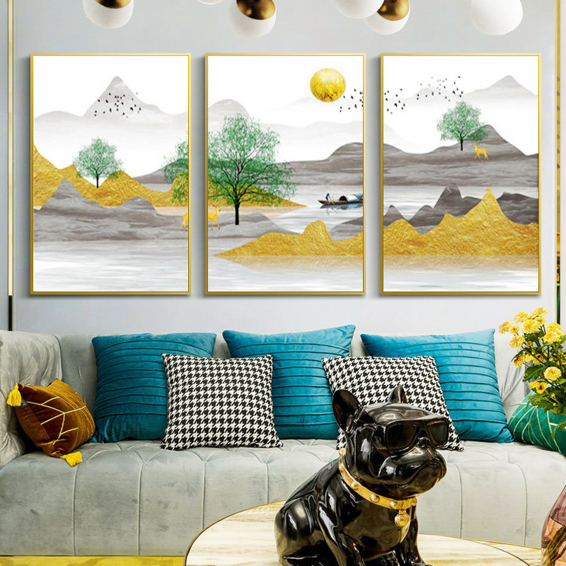 大气山水装饰画客厅沙发背景墙壁挂画免打孔三联画轻奢抽象晶瓷画