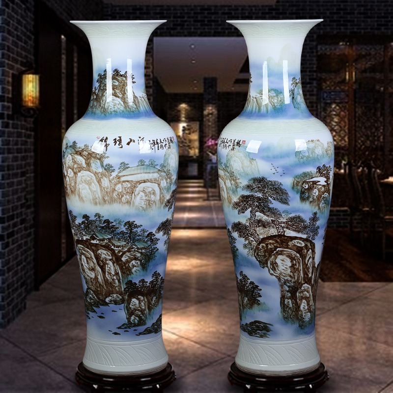 景德镇陶瓷落地大花瓶手绘锦绣山河瓷瓶酒店新房客厅装饰摆件