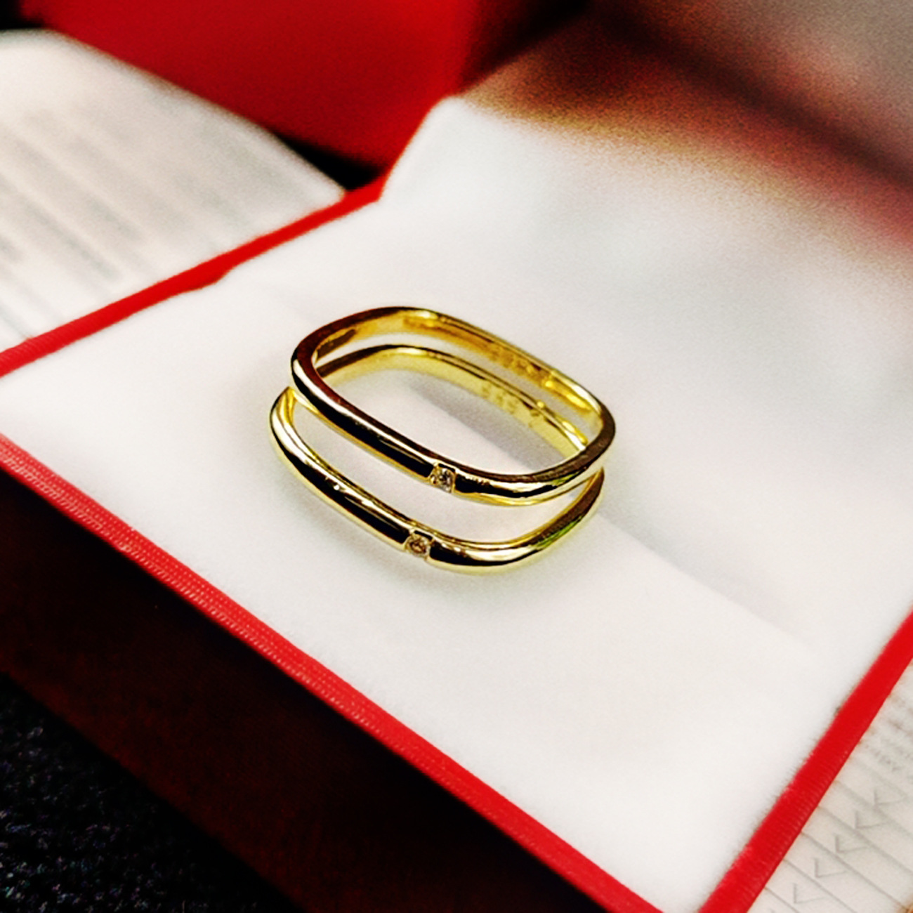 沙金小方戒ins方圆素圈戒指 铜镀24k金男女几何形食指戒 网红指环