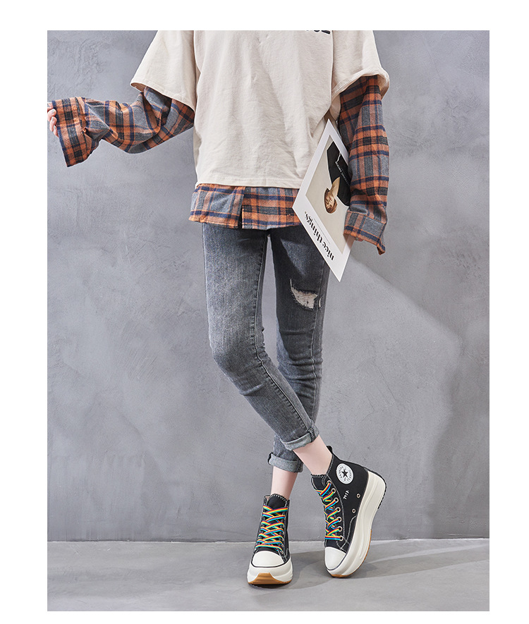 肖战郑爽同款彩虹系带厚底高帮帆布鞋女2020新款1970s联名小白鞋