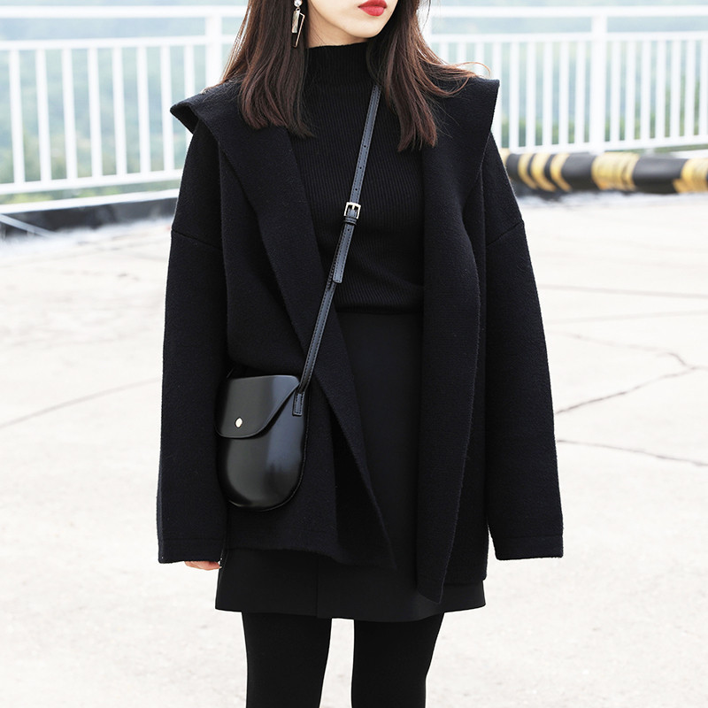 加厚加绒连帽中长款针织衫外套